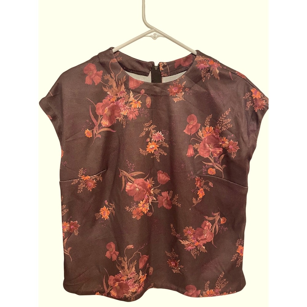 Vintage Brown Floral Blouse High Neck Sleeveless‎ Handmade Polyester Large